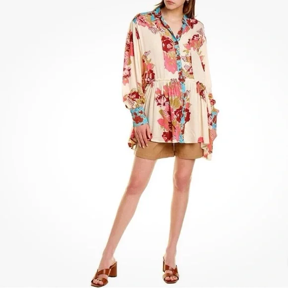 Free People Brunch A Bunch Boho Tunic Shirt in Light Combo Oversized Size Small - Picture 2 of 8
